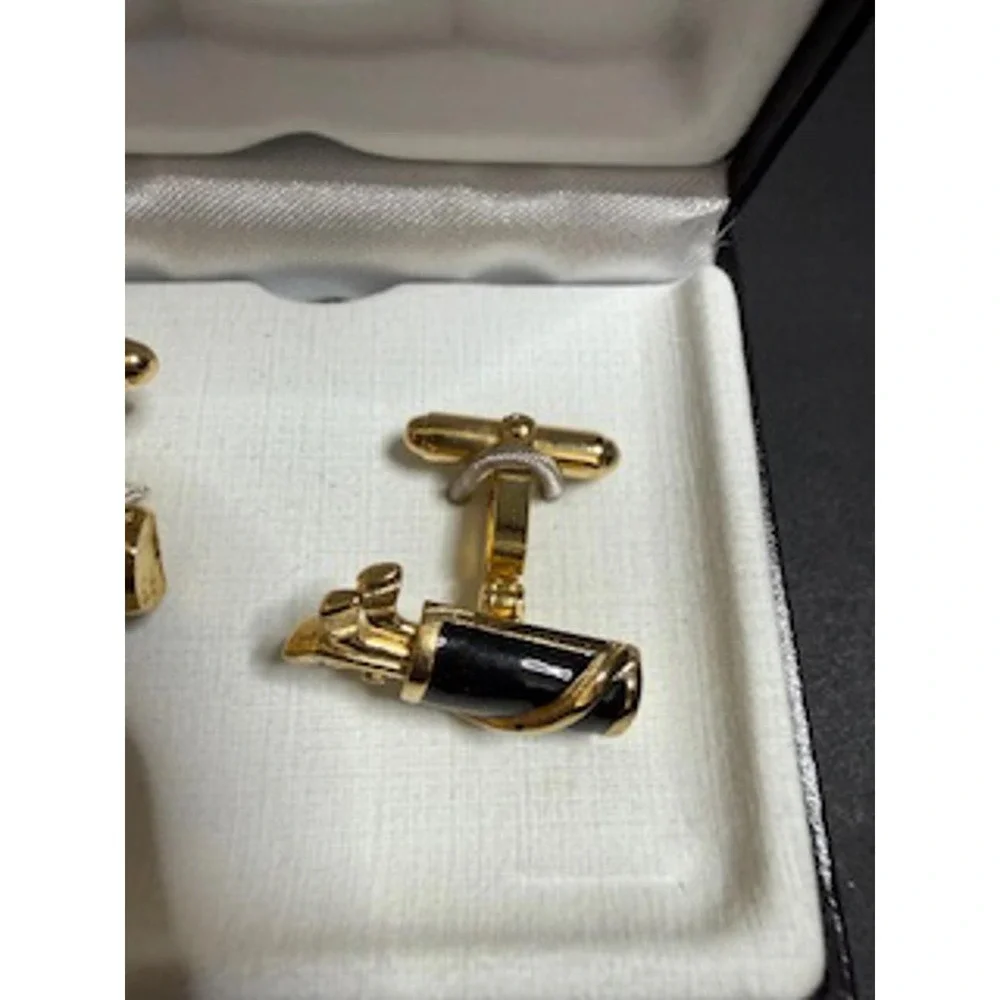 Vintage‎ Colibri of London Golf Bag Cufflinks - Gold Tone and Black Onyx NEW NOS